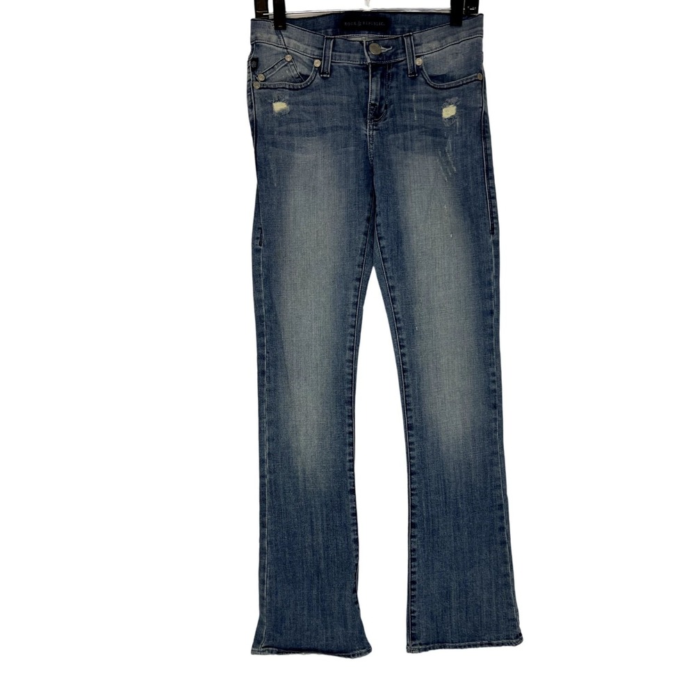 Rock & Republic Kasandra Rhinestone Bootcut Jeans Medium Wash Distressed Size 4M